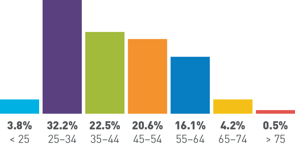 Under 25 years old: 3.8%, 25-34 years old: 32.2%, 35-44 years old: 22.5%, 45-54 years old: 20.6%, 55-64 years old: 16.1%, 65-74 years old: 4.2%, Over 75 years old: 0.5%